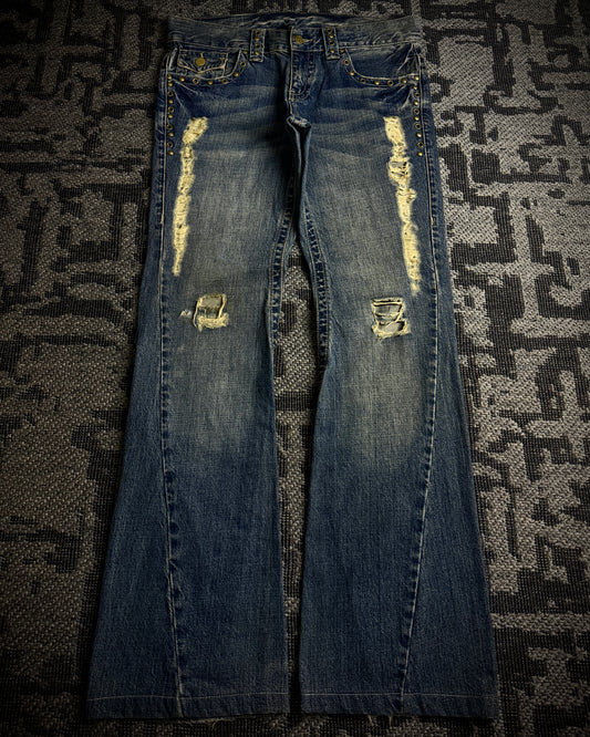 Tornado Mart Studded Distressed Flare Denim
