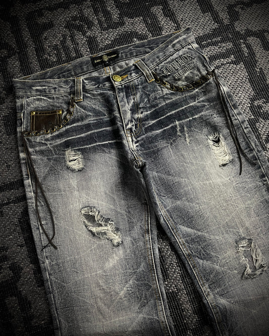 Lowbox Cracked Lace Up Distressed Flared Jeans