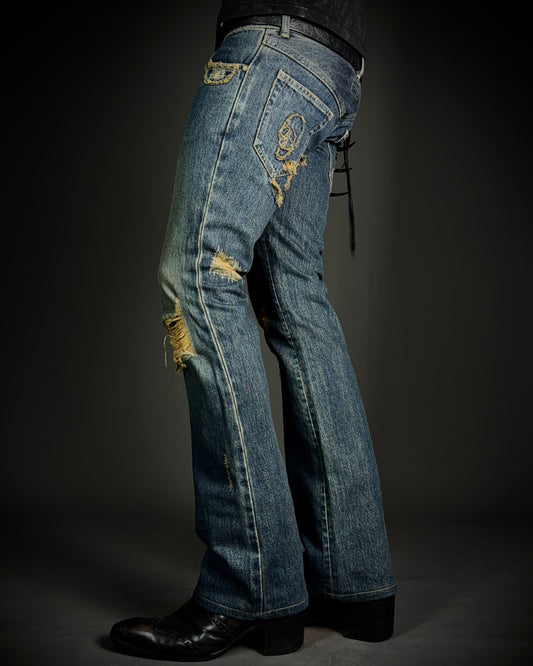 Share Spirit Distressed Skull Chain Cut-Out Bootcut Jeans