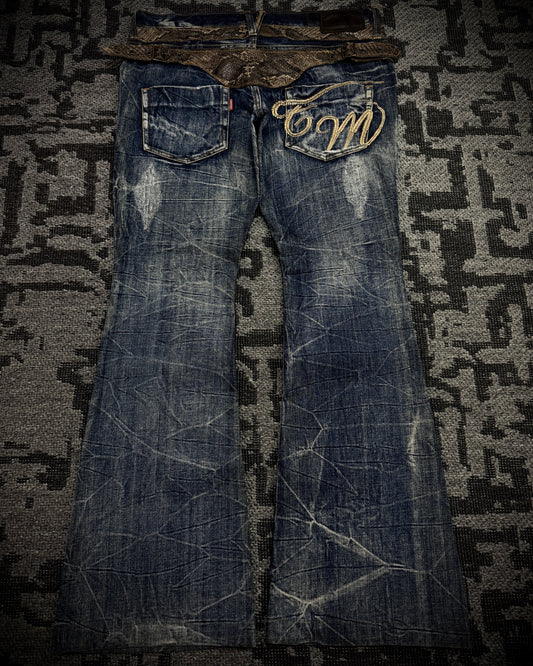 Tornado Mart Snake Waist Strap Cracked Fade Flared Denim