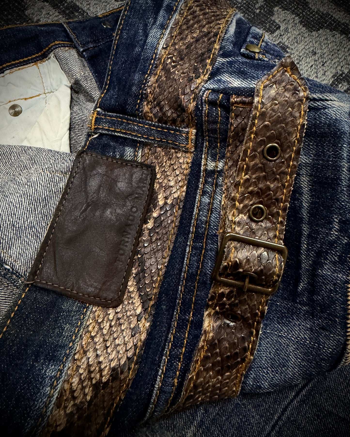 Tornado Mart Snake Waist Strap Cracked Fade Flared Denim