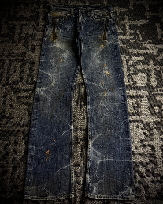 Japanese Faded Cracked Zip Jeans