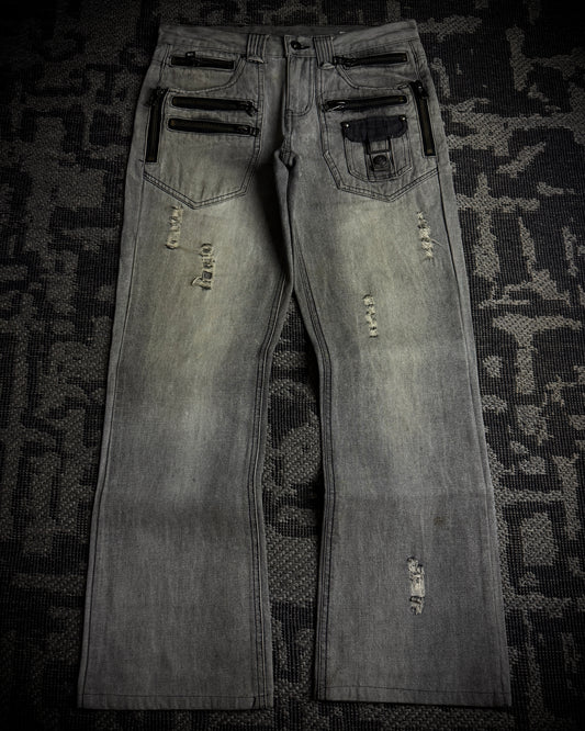 Semantic Design Multi-Zip Distressed Boot Cut Jeans