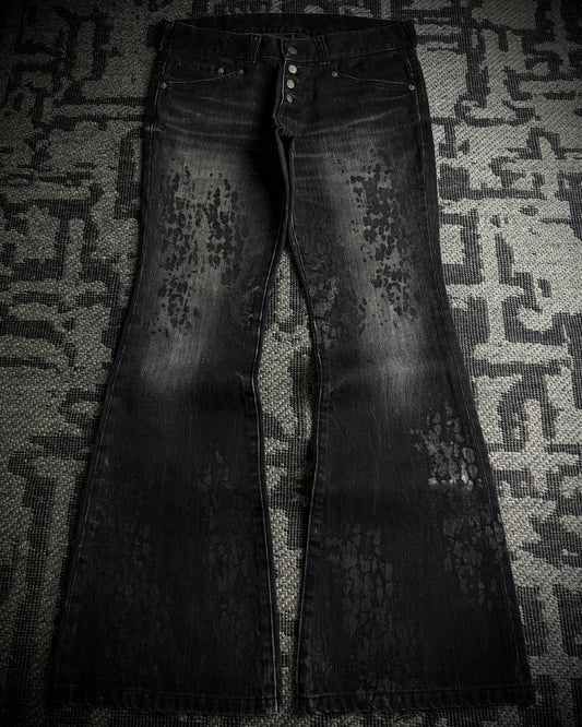 Tornado Mart Black Leopard Coated Fade Flared Denim