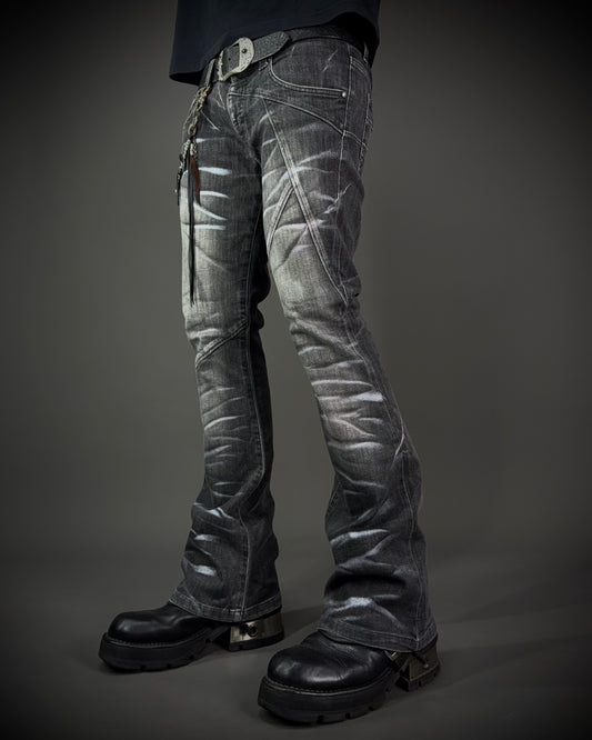 Tornado Mart Black Whiskered Faded Flared Denim