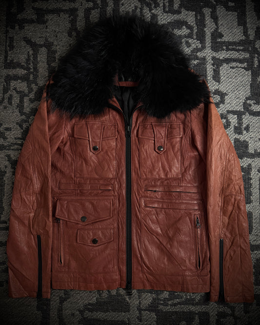 CUSTOM CULTURE Real Fur Multi-Pocket Brick Red Leather Jacket