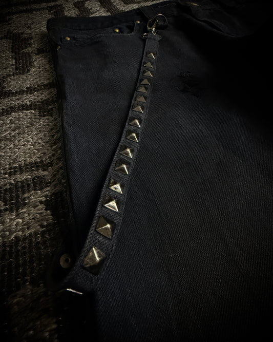 In The Attic Rock Studded Strap Distressed Flare Denim