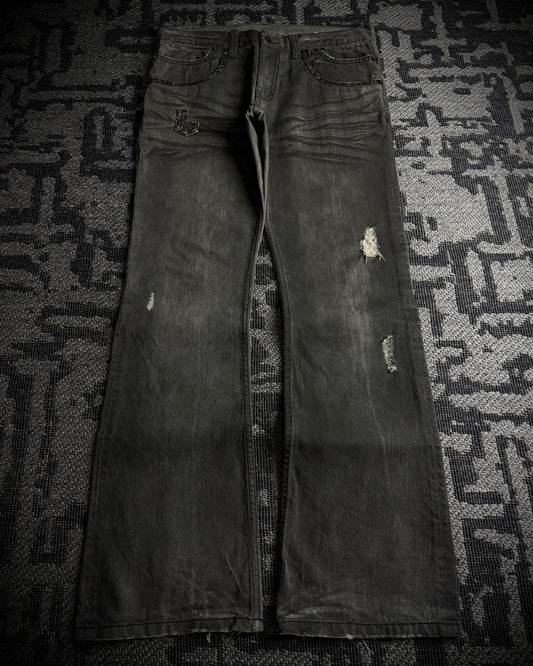 Semantic Design Snakeskin Black Whiskered Smoke Gray Flared Jeans