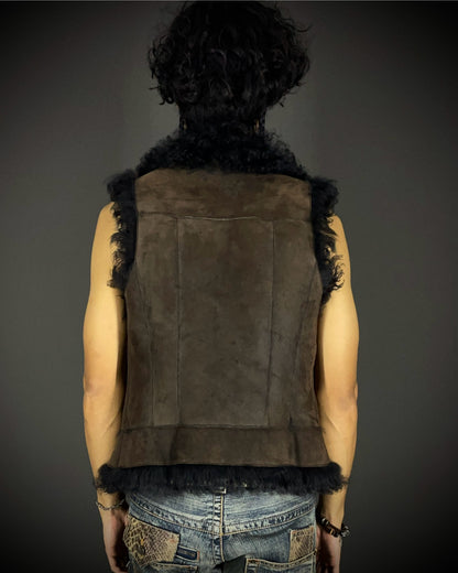 (For offer)Burberry Sample AW05 Brown Suede & Black Shearling Sleeveless Vest