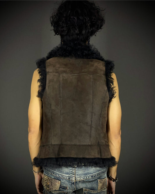 (For offer)Burberry Sample AW05 Brown Suede & Black Shearling Sleeveless Vest