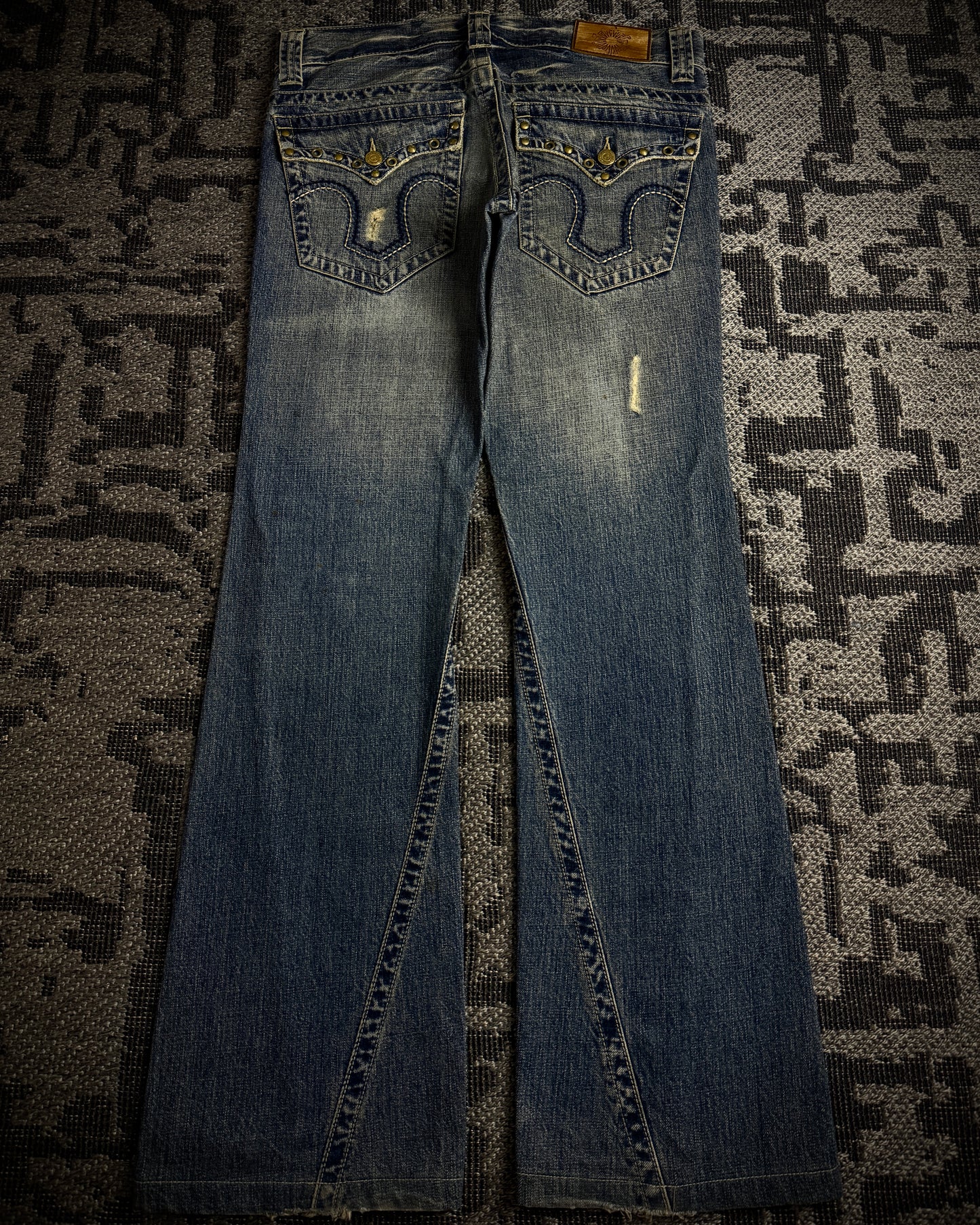 Tornado Mart Studded Distressed Flare Denim
