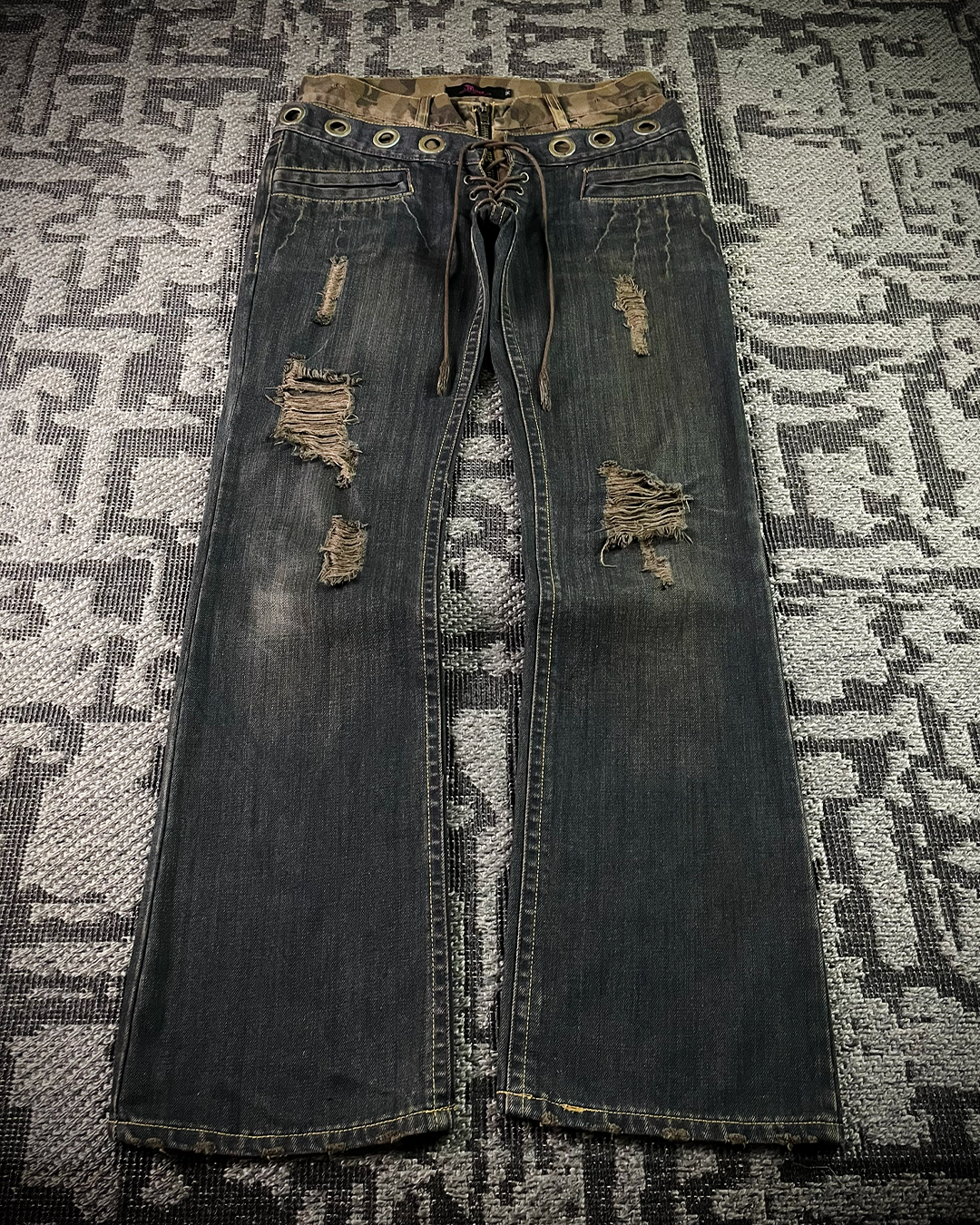 Midas Mud Washed Camo Double Waisted Lace-Up Flared Denim