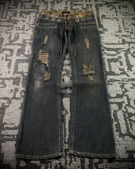 Midas Mud Washed Camo Double Waisted Lace-Up Flared Denim