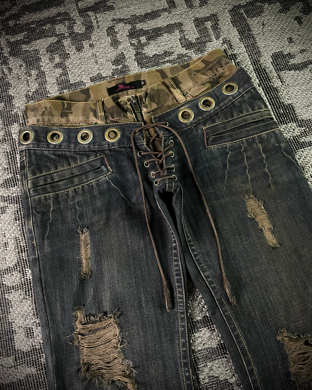 Midas Mud Washed Camo Double Waisted Lace-Up Flared Denim