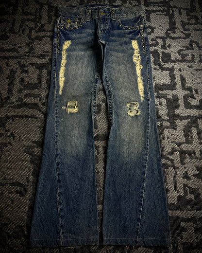 Tornado Mart Studded Distressed Flare Denim
