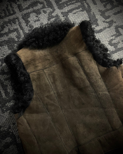 (For offer)Burberry Sample AW05 Brown Suede & Black Shearling Sleeveless Vest