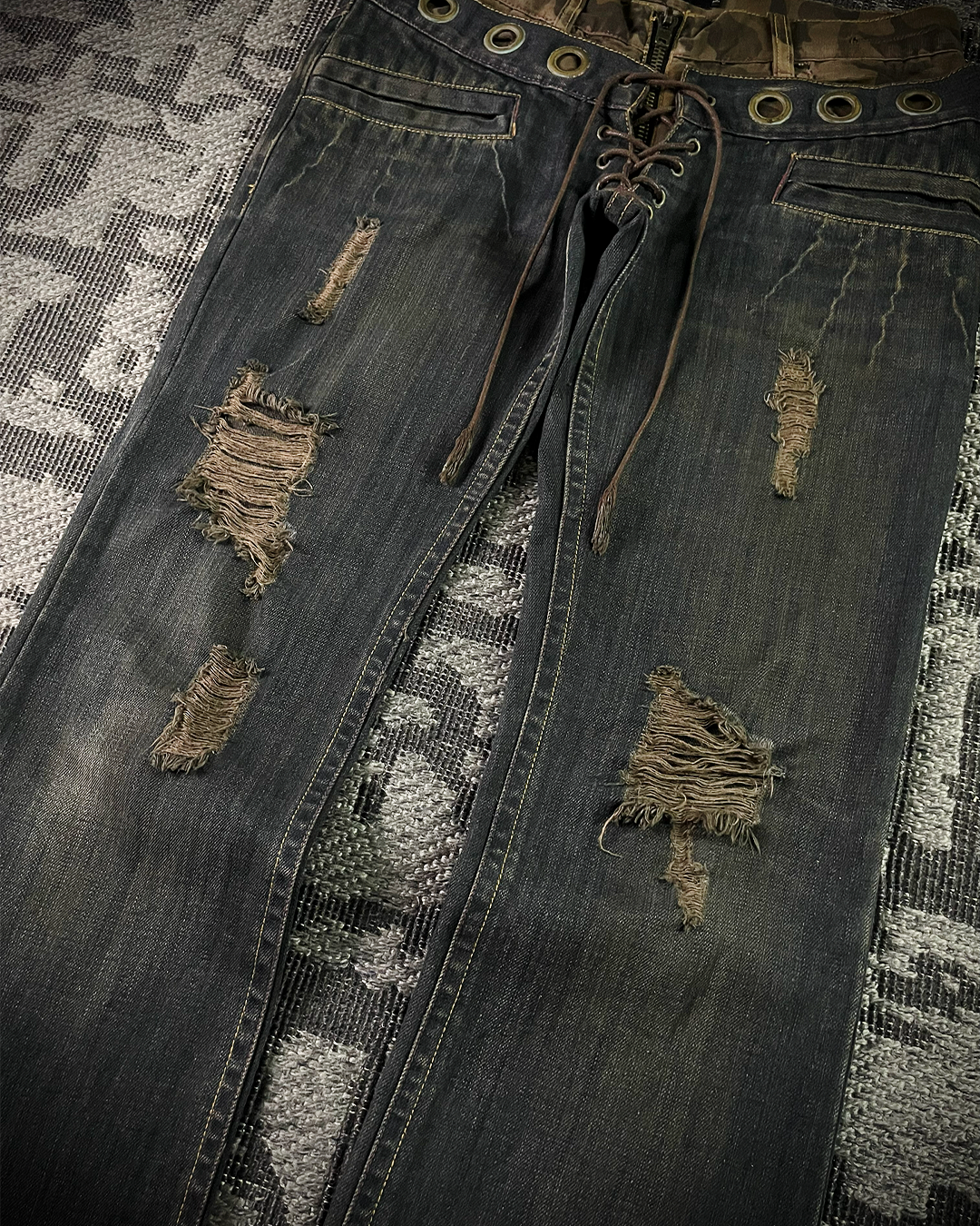 Midas Mud Washed Camo Double Waisted Lace-Up Flared Denim