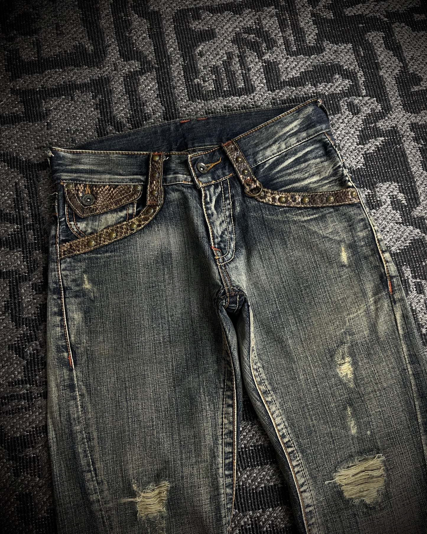 Semantic Design Python Studded Spiral Flared Jeans