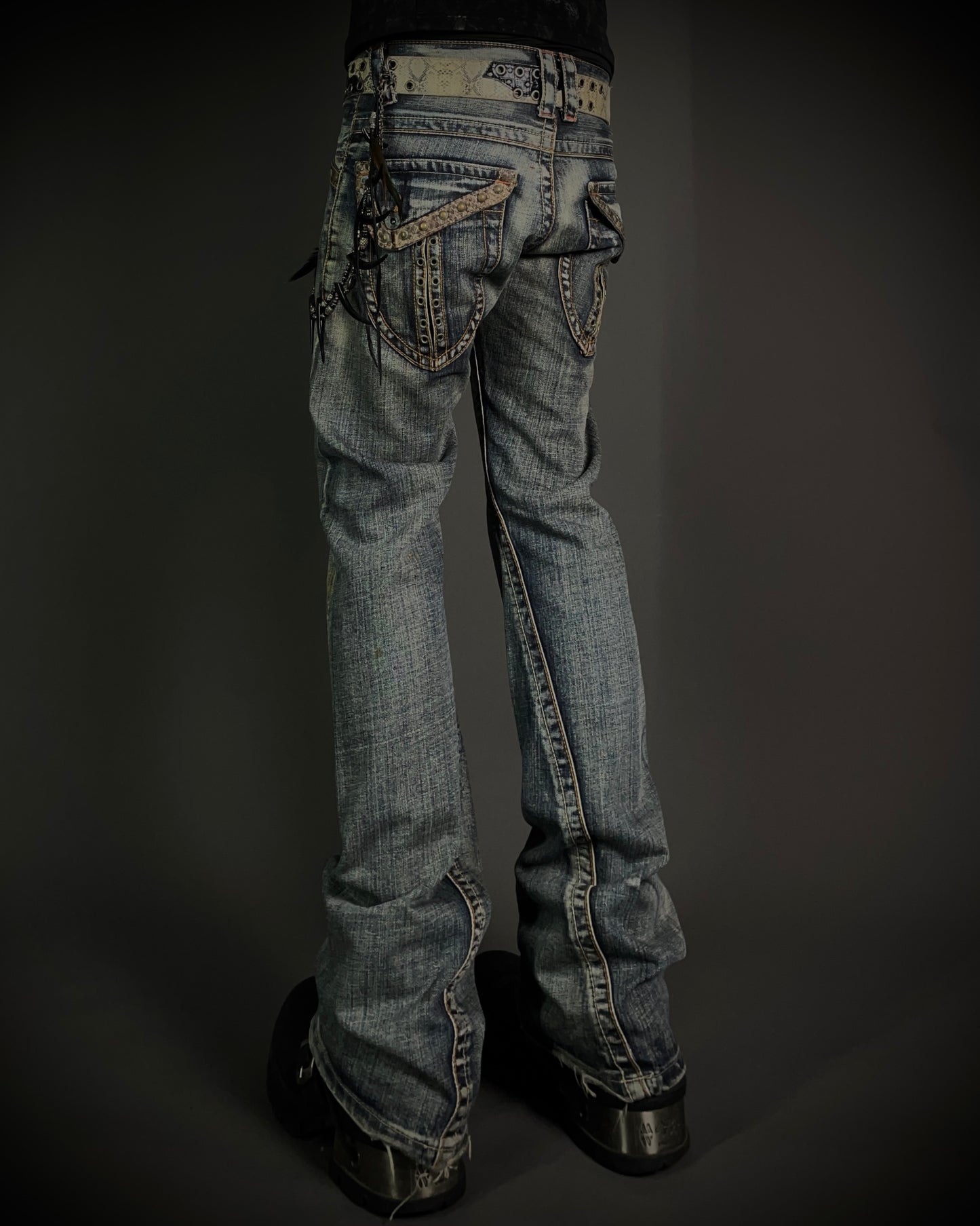 Semantic Design Python Studded Spiral Flared Jeans