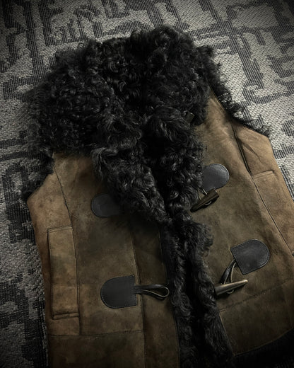 (For offer)Burberry Sample AW05 Brown Suede & Black Shearling Sleeveless Vest