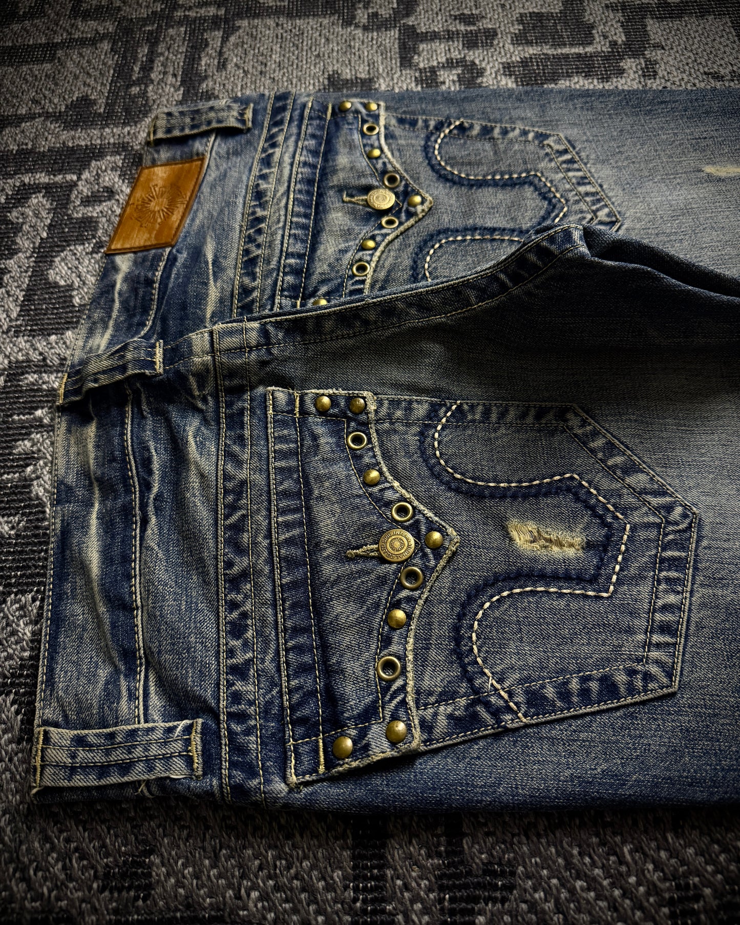 Tornado Mart Studded Distressed Flare Denim