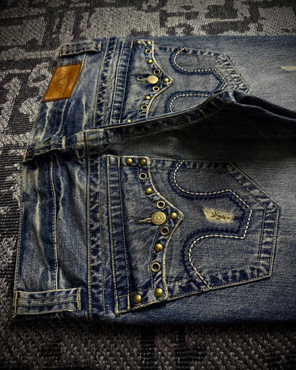 Tornado Mart Studded Distressed Flare Denim