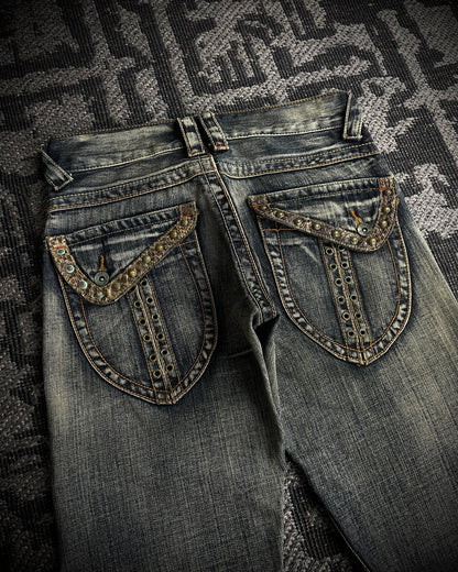 Semantic Design Python Studded Spiral Flared Jeans