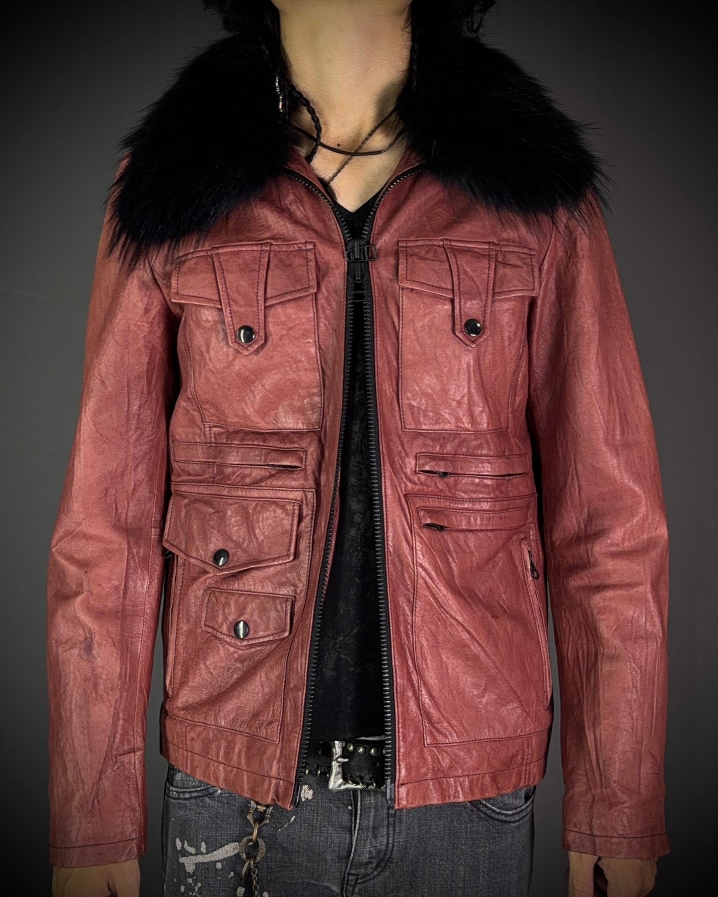 CUSTOM CULTURE Real Fur Multi-Pocket Brick Red Leather Jacket