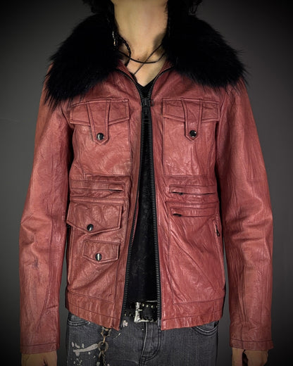 CUSTOM CULTURE Real Fur Multi-Pocket Brick Red Leather Jacket