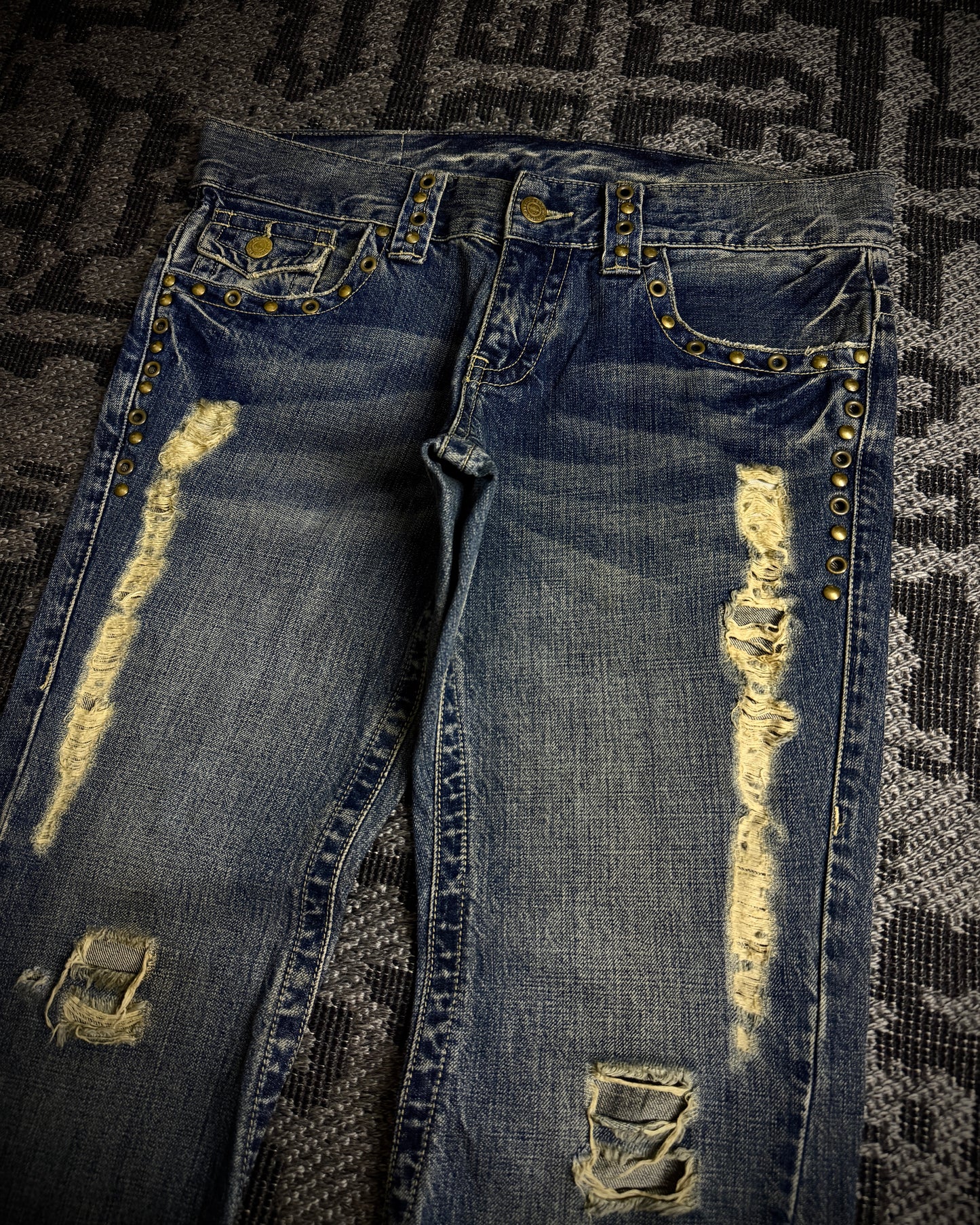Tornado Mart Studded Distressed Flare Denim