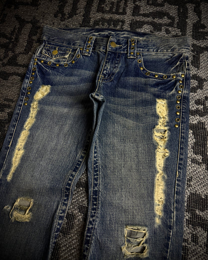 Tornado Mart Studded Distressed Flare Denim