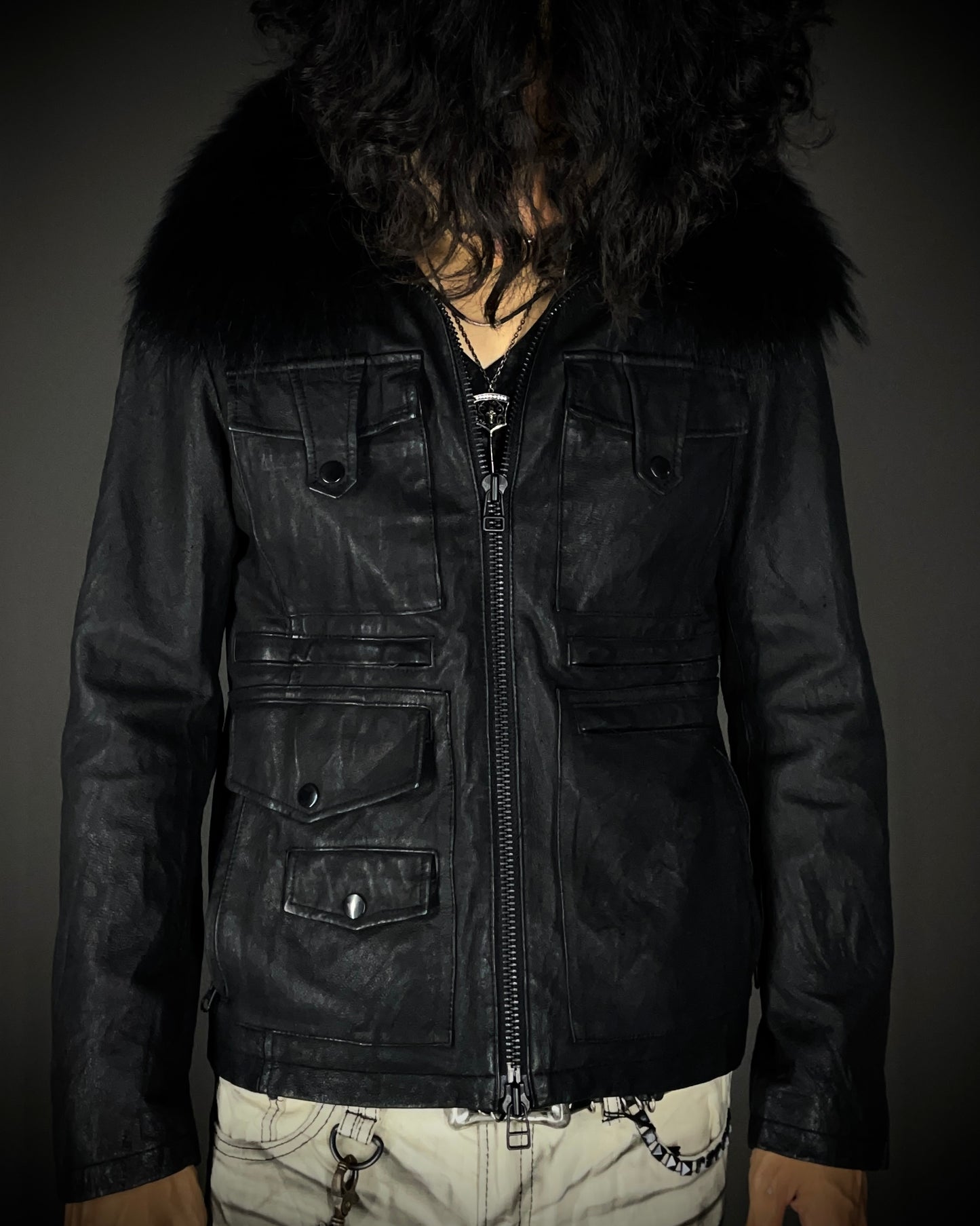 CUSTOM CULTURE Real Fur Multi-Pocket Leather Jacket