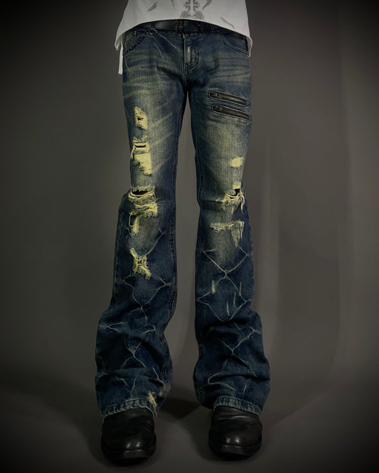 Black Baccara Honeycomb Distressed Flared Jeans