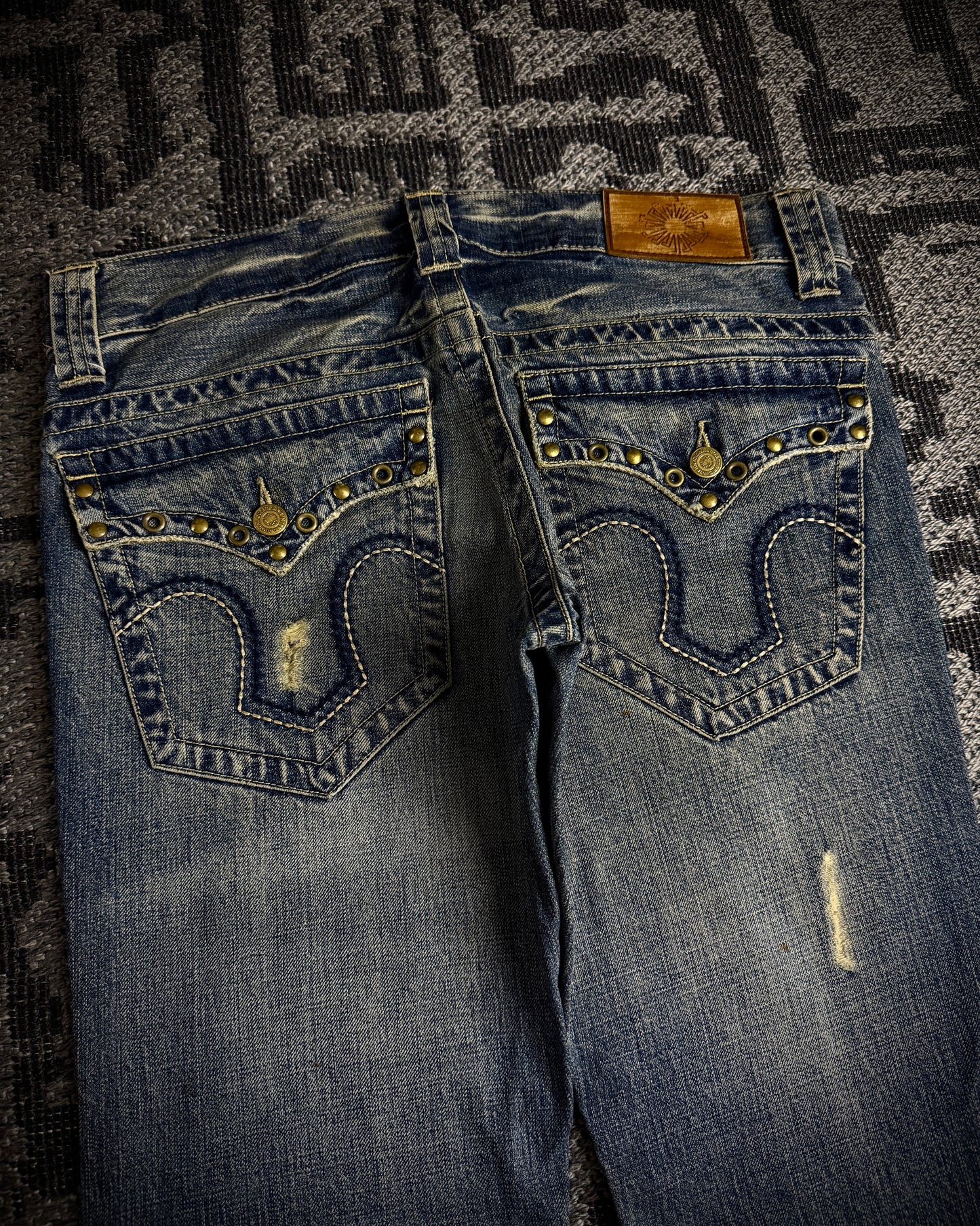 Tornado Mart Studded Distressed Flare Denim