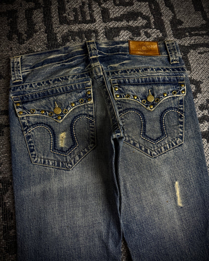 Tornado Mart Studded Distressed Flare Denim