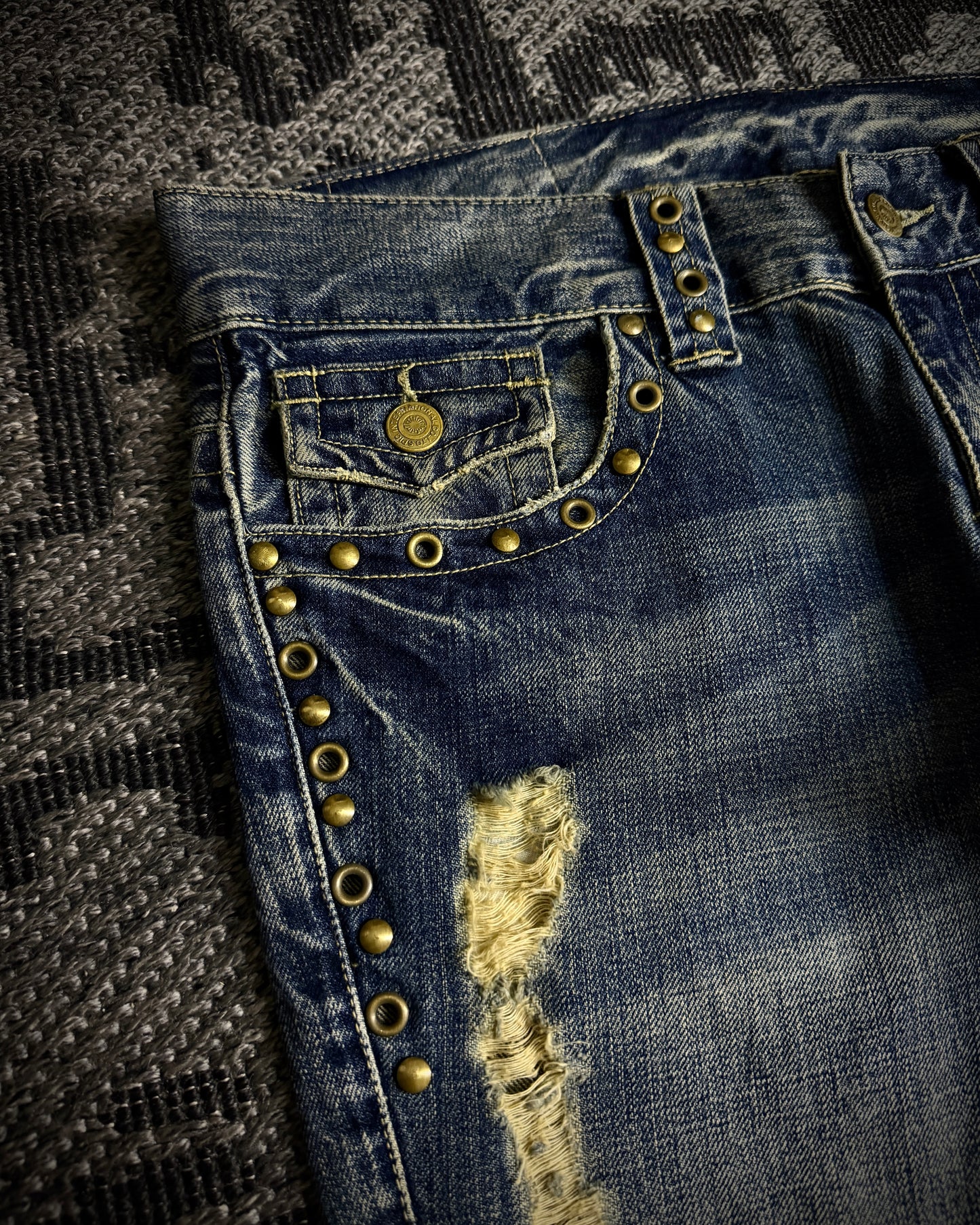 Tornado Mart Studded Distressed Flare Denim