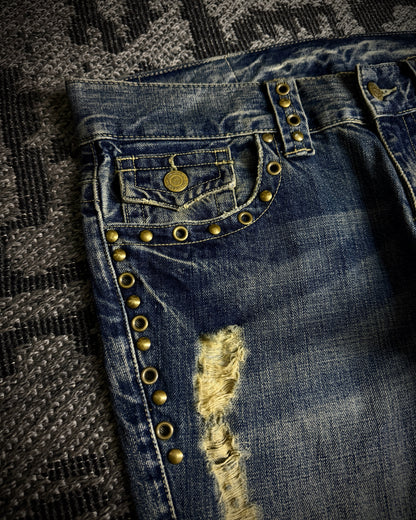 Tornado Mart Studded Distressed Flare Denim