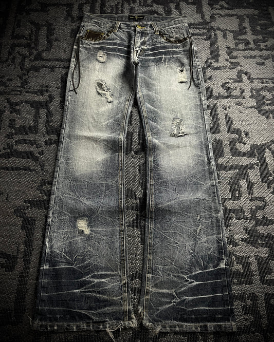 Lowbox Cracked Lace Up  Distressed  Flared Jeans