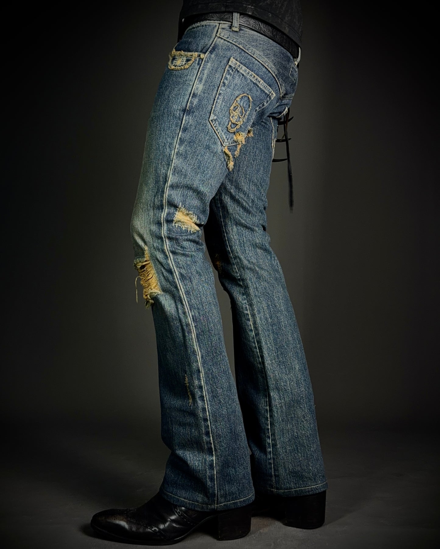 Share Spirit Distressed Skull Chain Cut-Out Bootcut Jeans