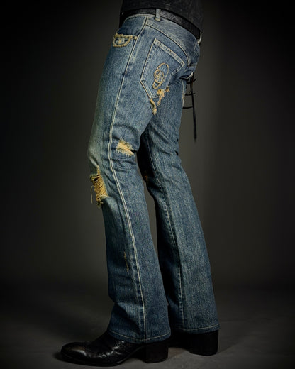Share Spirit Distressed Skull Chain Cut-Out Bootcut Jeans