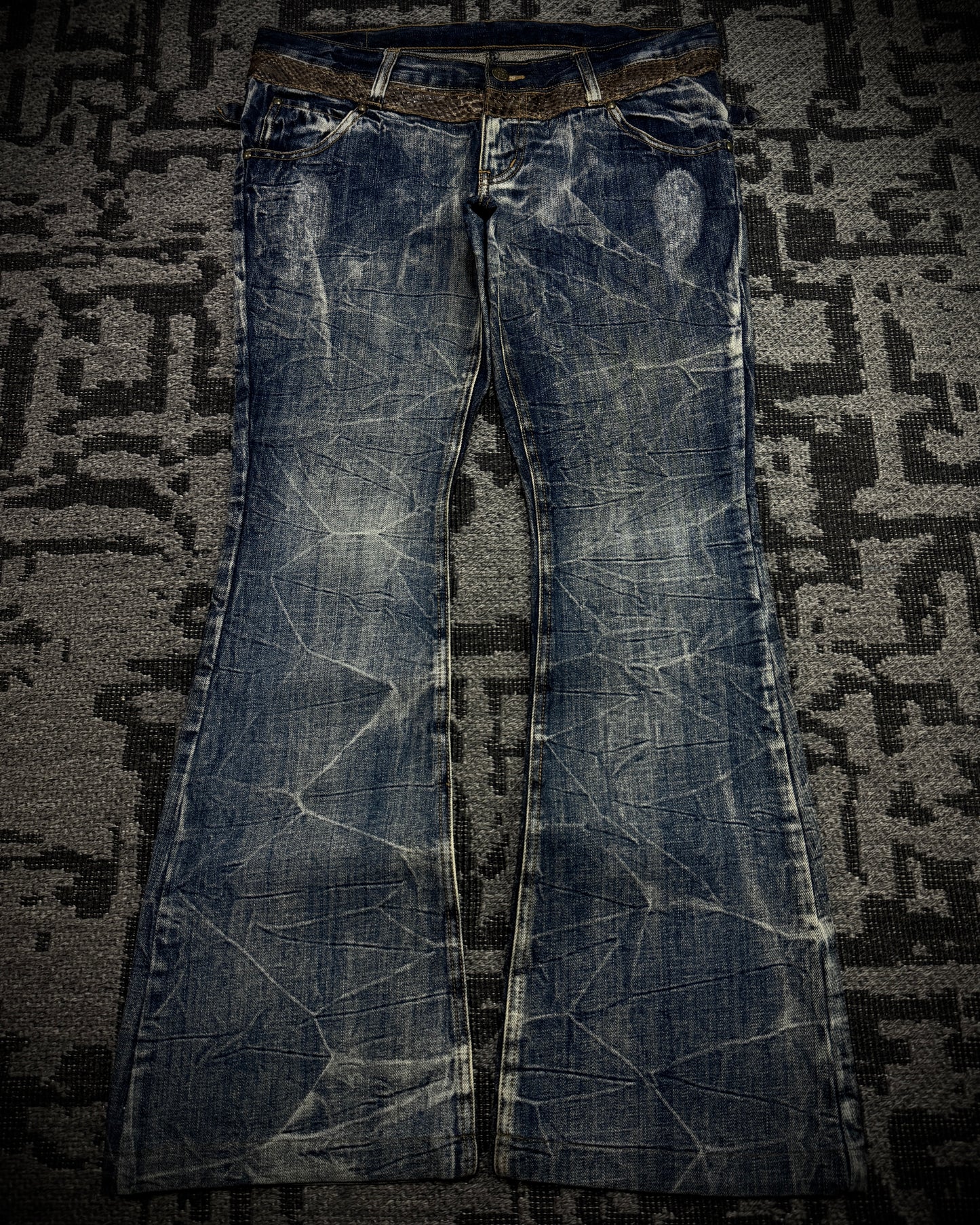 Tornado Mart Snake Waist Strap Cracked Fade Flared Denim