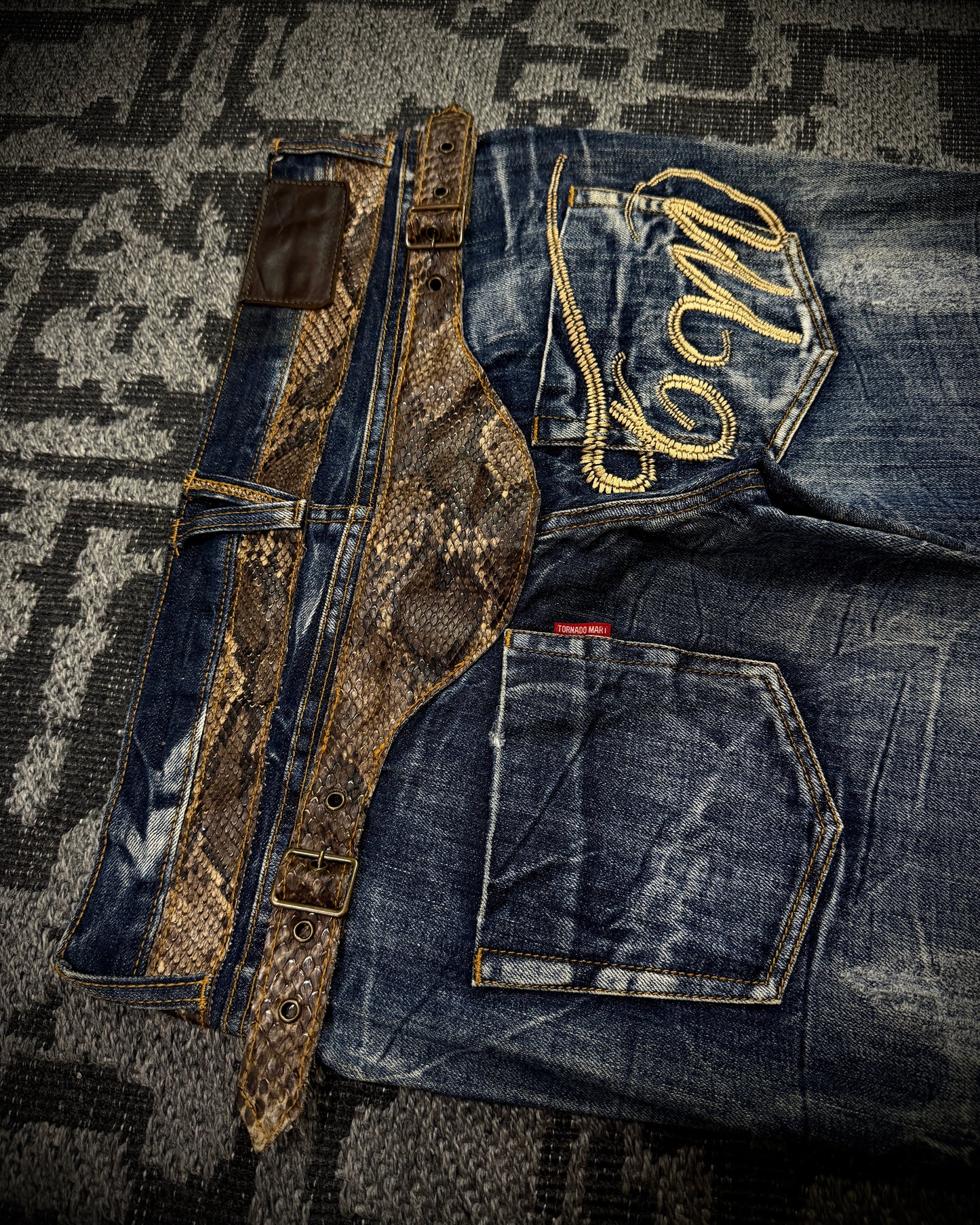 Tornado Mart Snake Waist Strap Cracked Fade Flared Denim