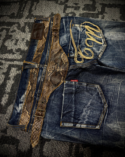 Tornado Mart Snake Waist Strap Cracked Fade Flared Denim