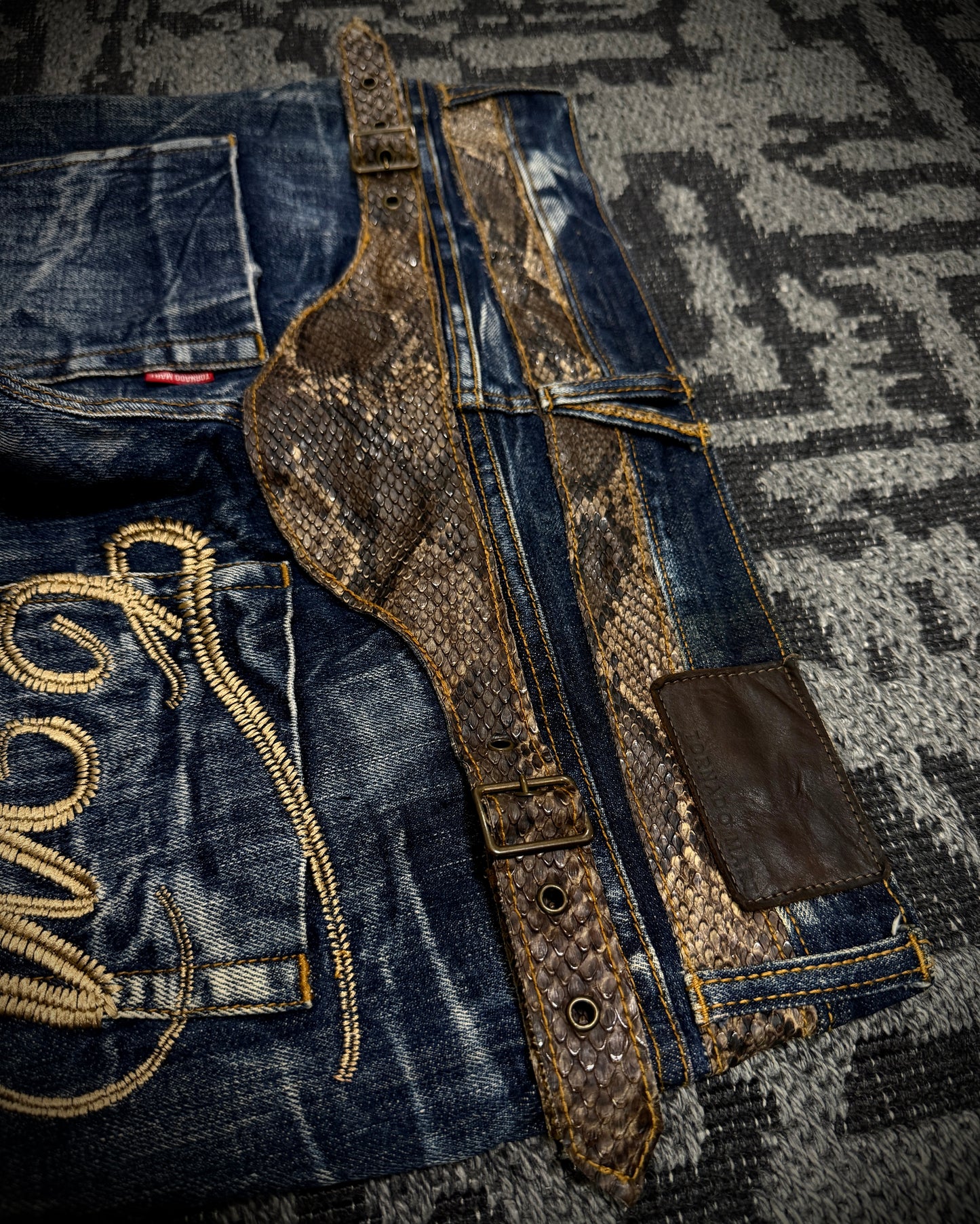 Tornado Mart Snake Waist Strap Cracked Fade Flared Denim