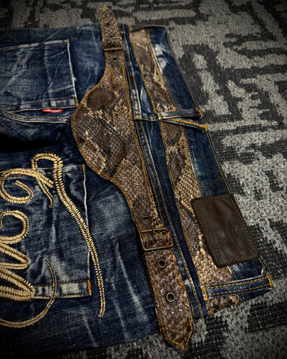 Tornado Mart Snake Waist Strap Cracked Fade Flared Denim
