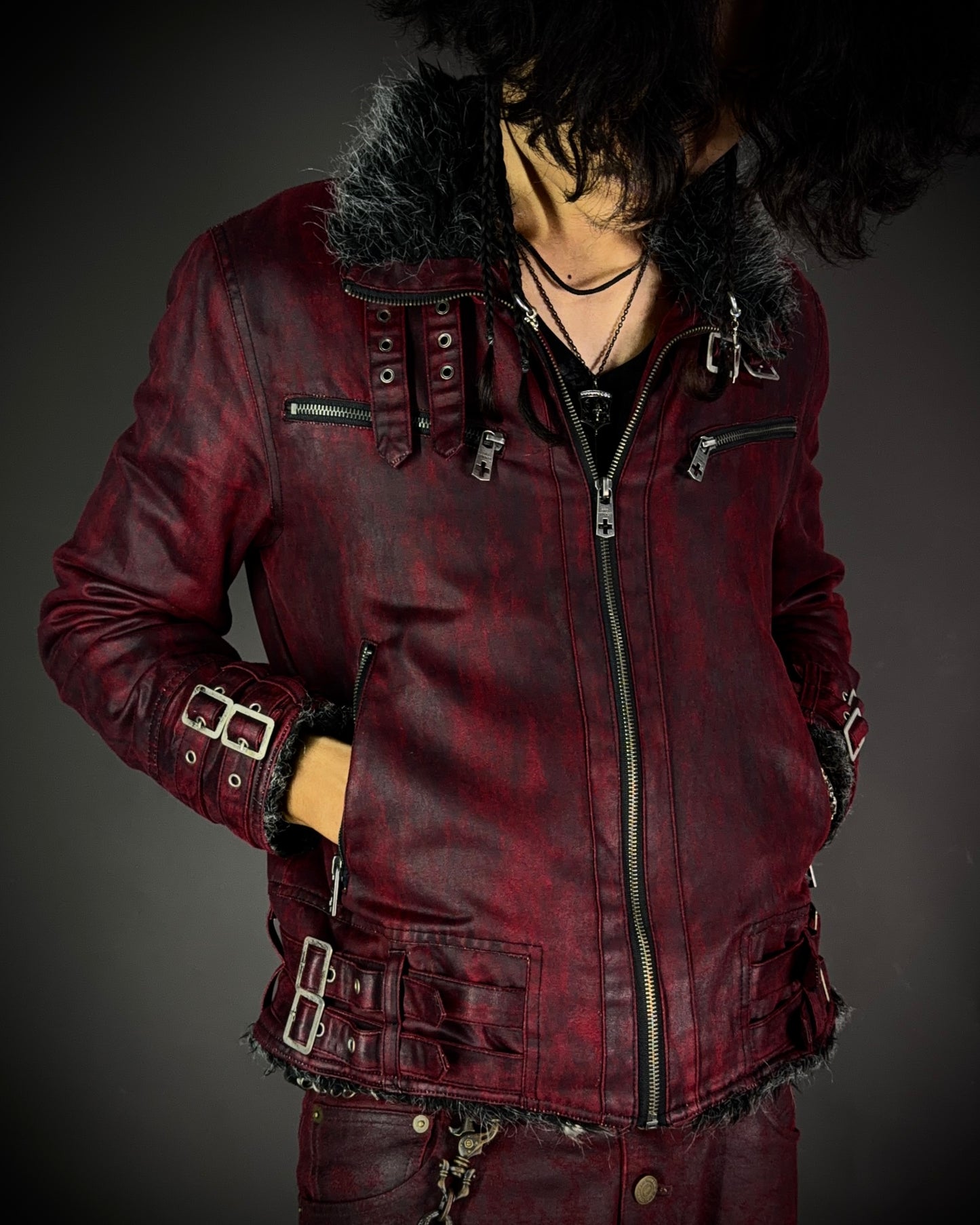 (for offer)Bernings Sho Deep Red Coated Faux Fur Jacket