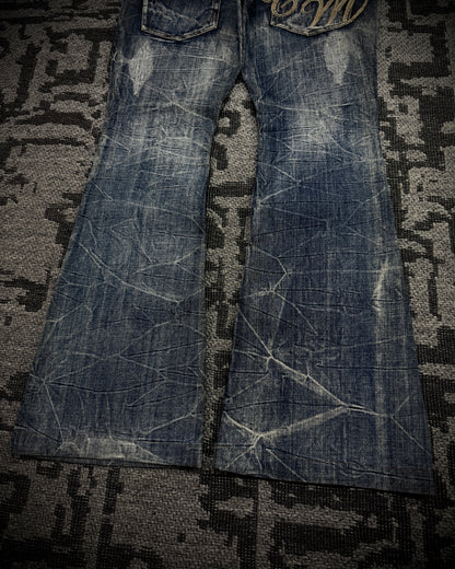 Tornado Mart Snake Waist Strap Cracked Fade Flared Denim