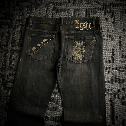 Bernings Sho Gold Embroidery Distressed Flared Jeans