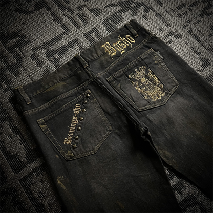 Bernings Sho Gold Embroidery Distressed Flared Jeans