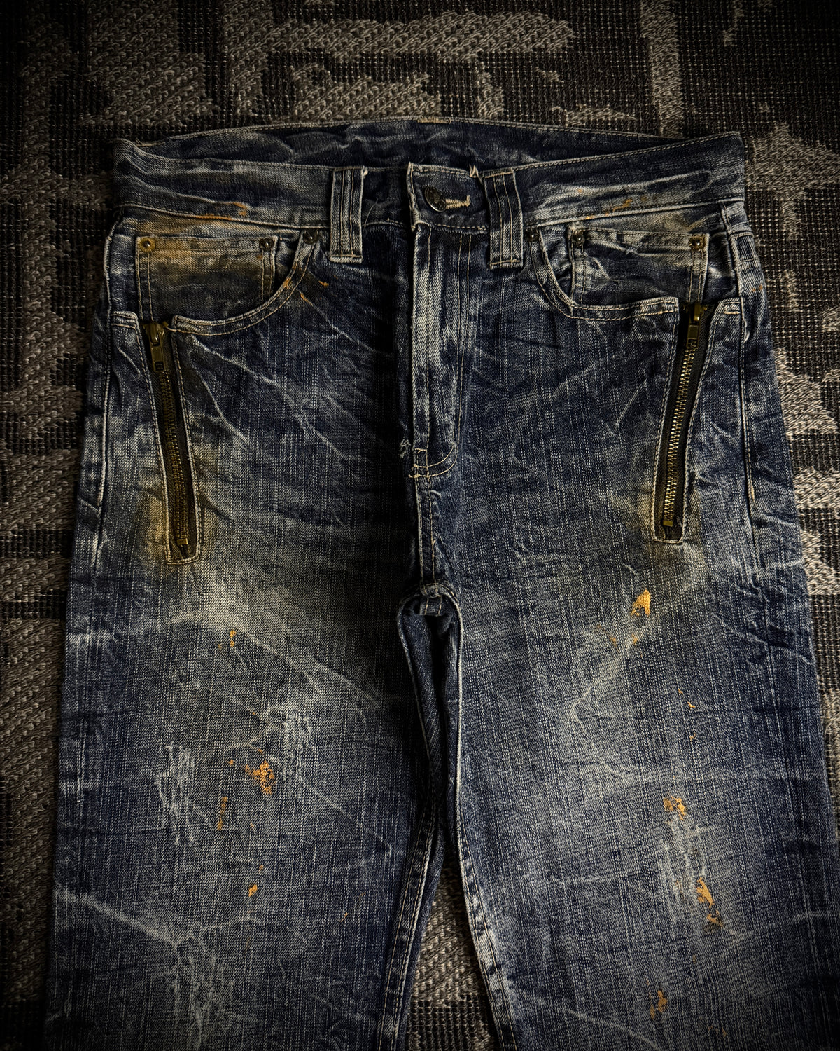 Japanese Faded Cracked Zip Jeans